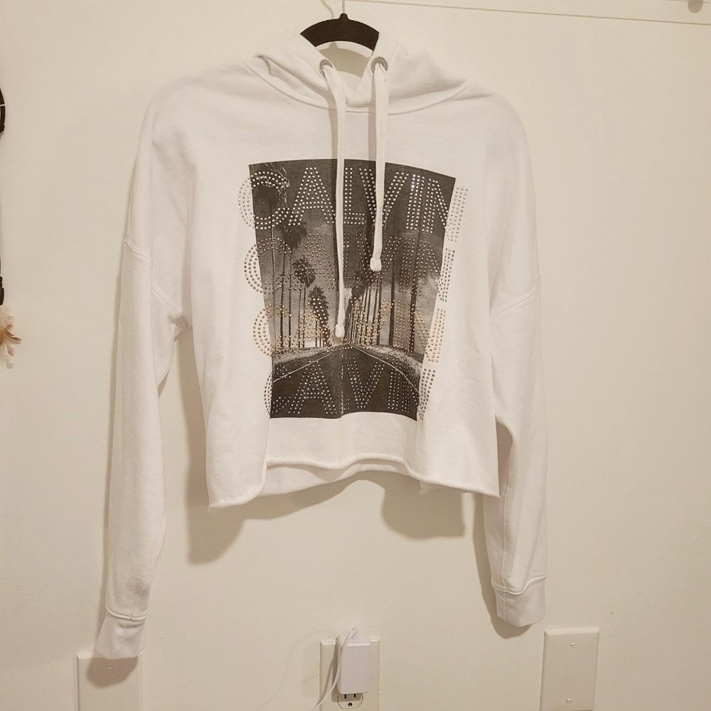 Calvin Klein Jeans Cropped White Sweater with Rhinestone Design